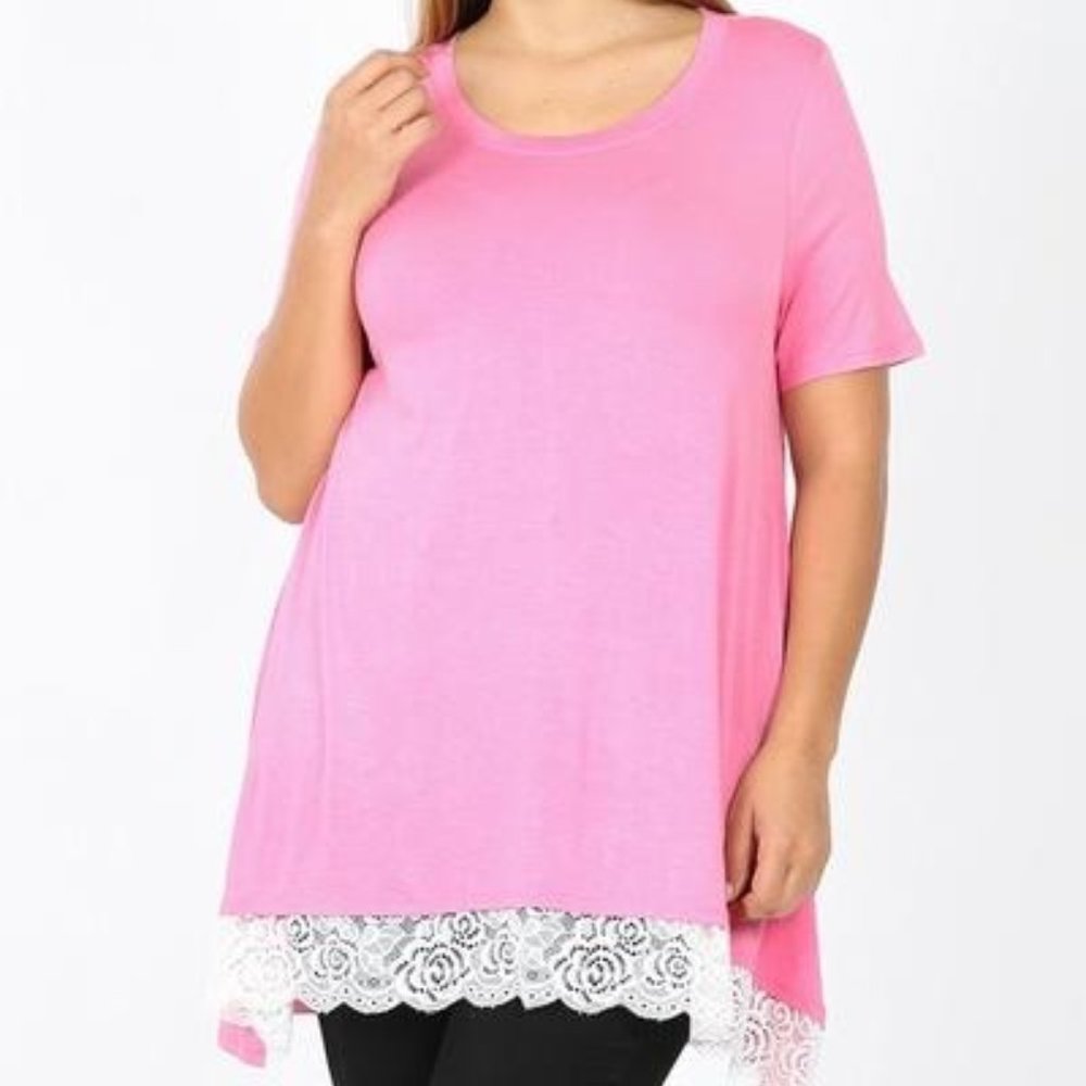 Short Sleve Lace Trim Hi-Low Hem - Candy Pink